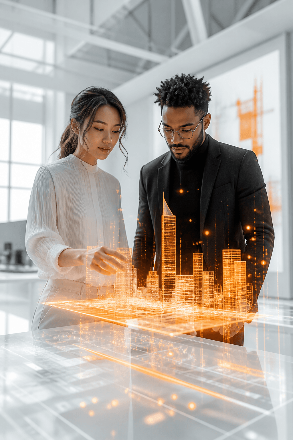 Team collaborating beside a warm holographic city of light