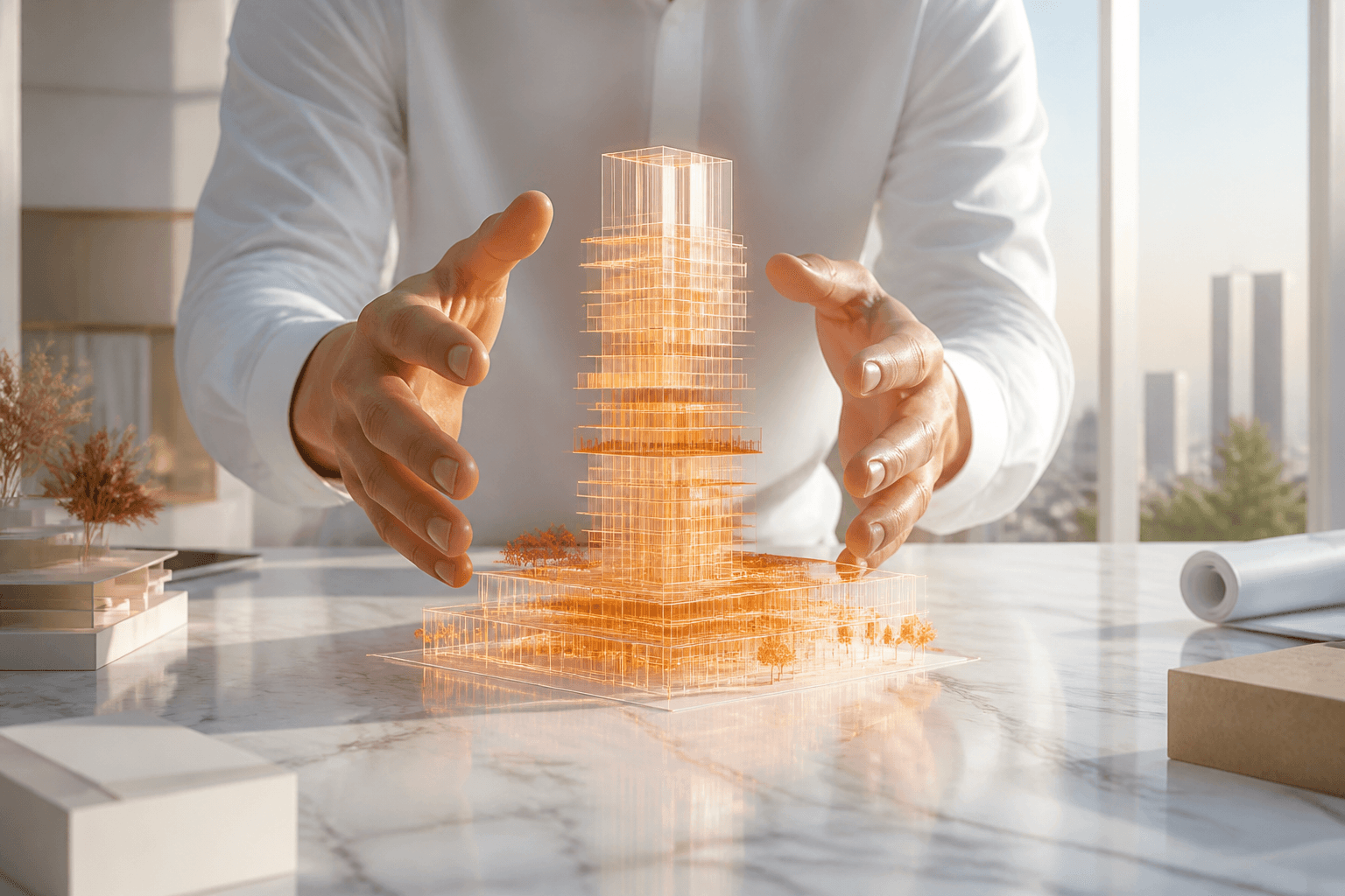 Hands shaping a holographic tower of light