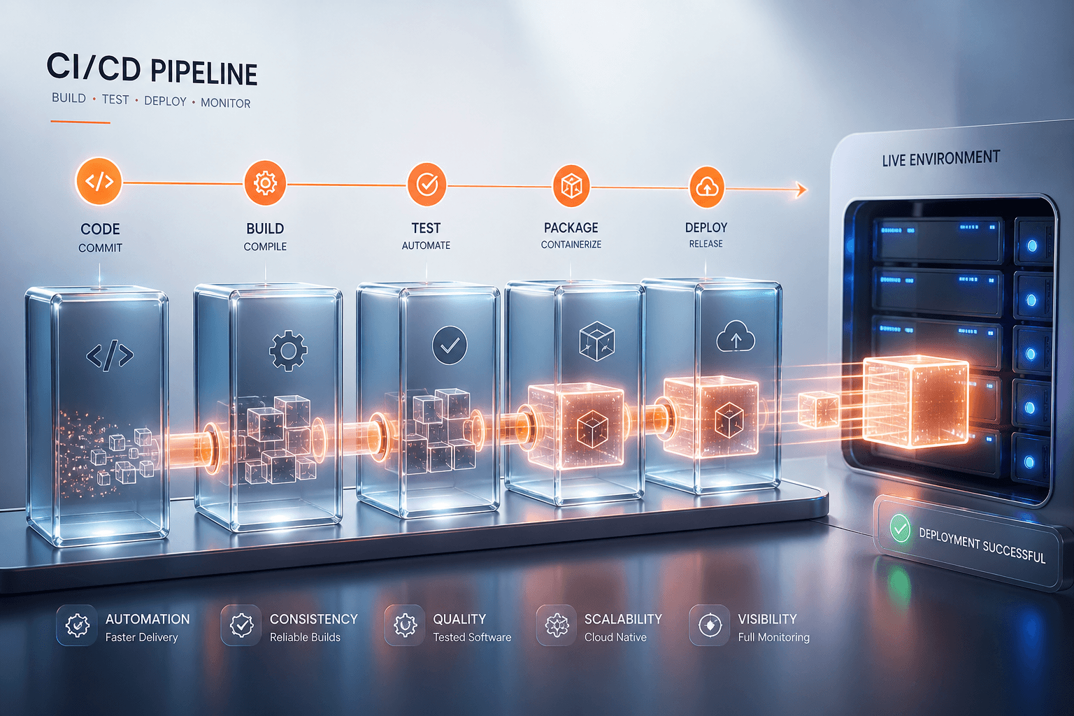 Glowing CI CD pipeline of glass deployment stages