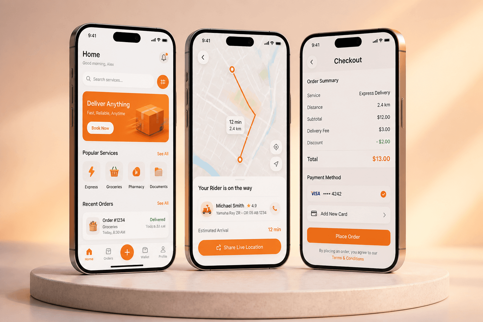 Three smartphones showing distinct mobile app screens