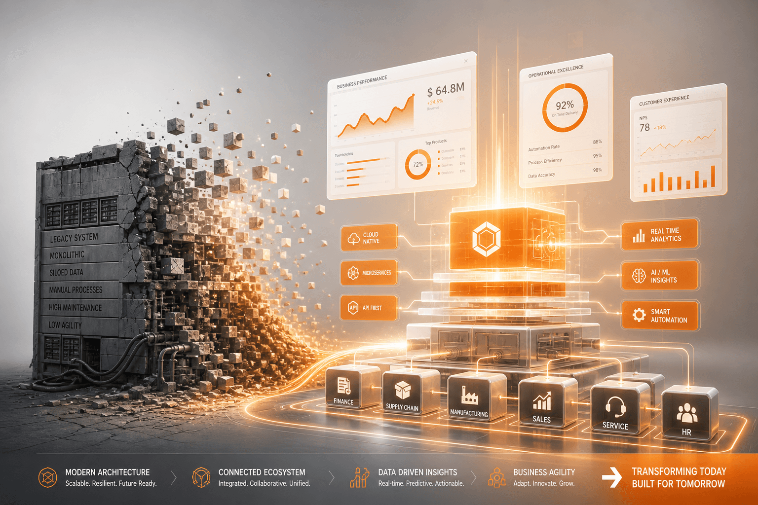 Legacy systems transforming into luminous digital architecture