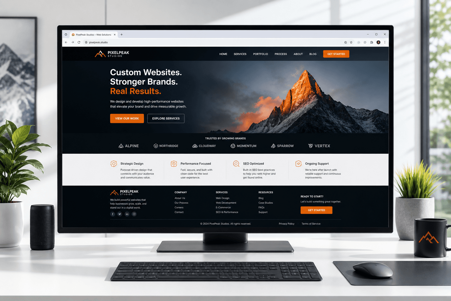 Ultrawide desktop monitor showing a full marketing website