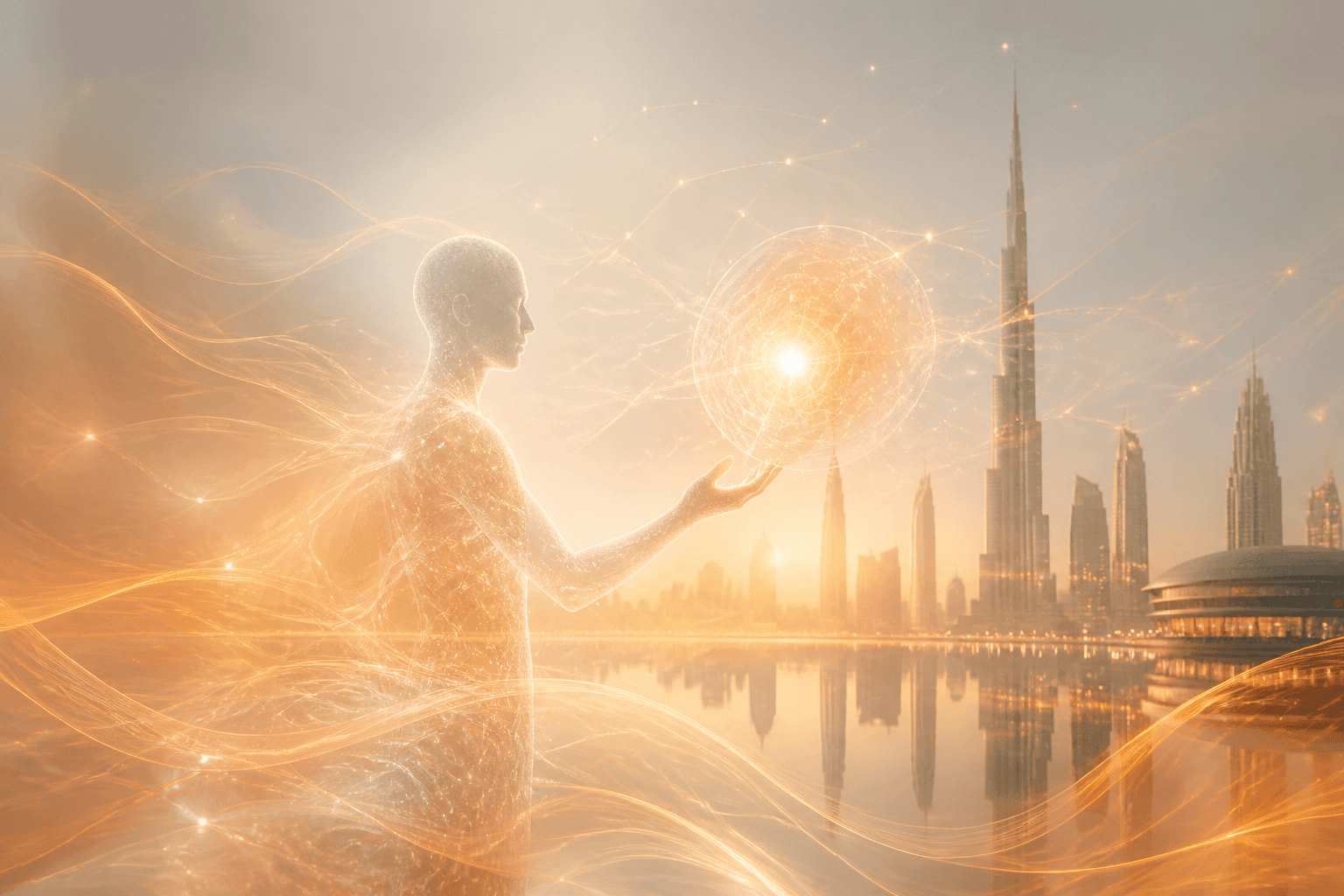 Human silhouette meeting a luminous AI orb in a soft orange neural landscape