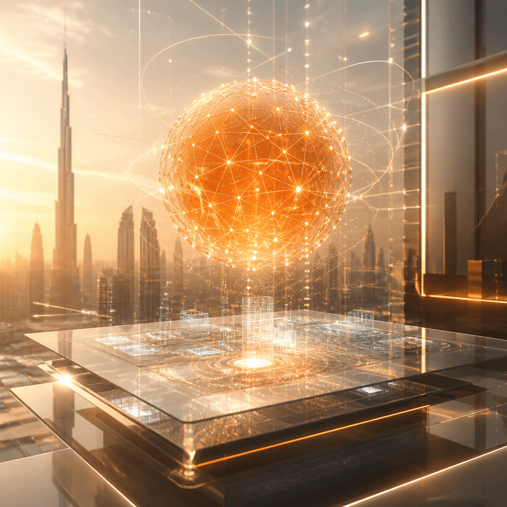 Luminous orange neural sphere above a holographic IT workstation
